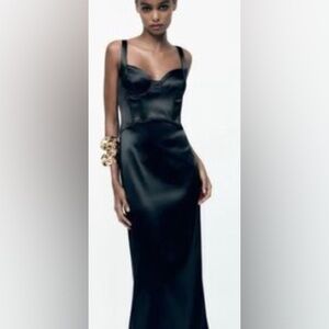 NWOT Zara corset satin midi dress in black. Size Medium